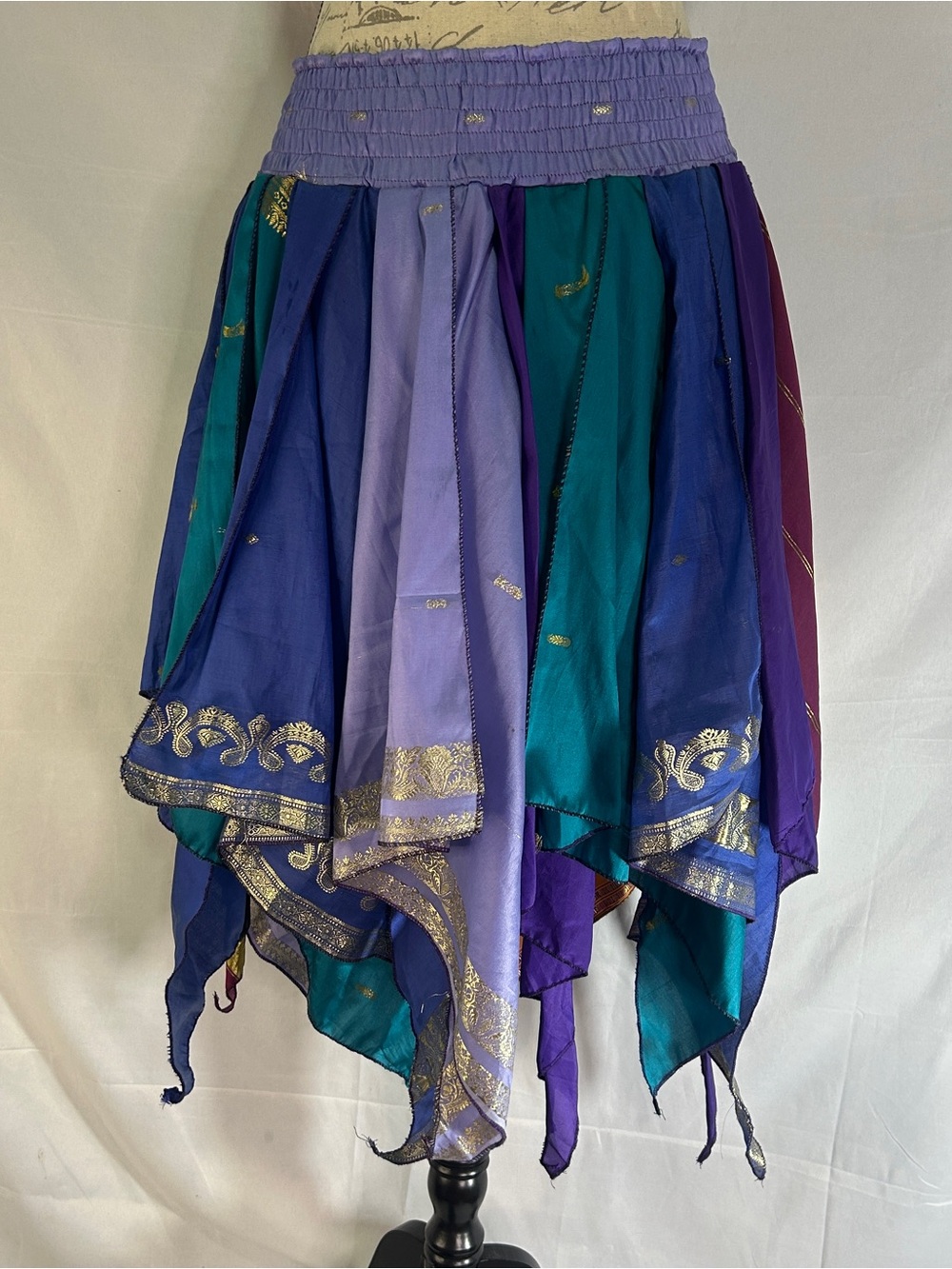 100% Silk Sari Handmade Handkerchief Skirt Boho Smocked Pixie Fairy Peacock⁠ - Picture 5 of 12